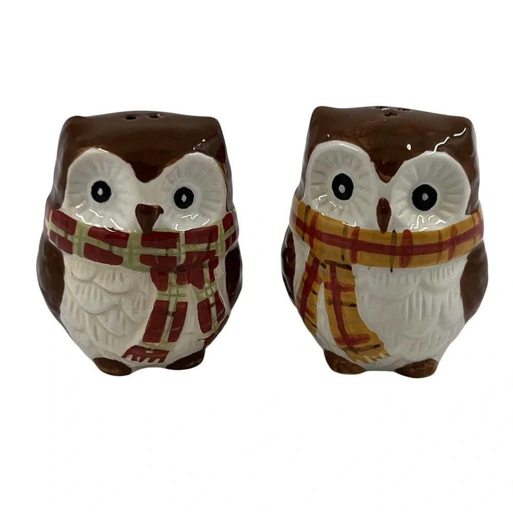 Pier 1 One Owl Design Salt Pepper Shakers Winter Scarves Brown 3
